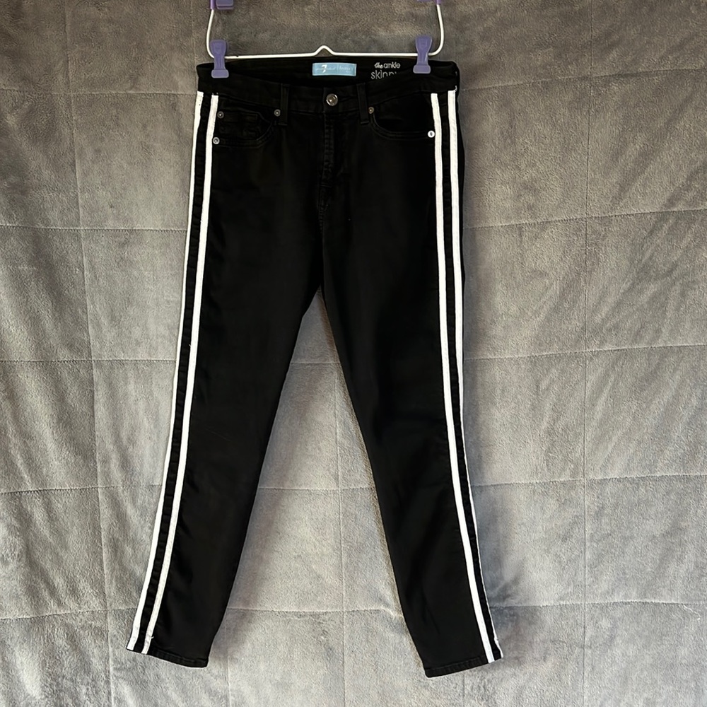 7 For All Mankind B Air The Ankle Skinny Black Denim Jeans White Side Stripes 28
